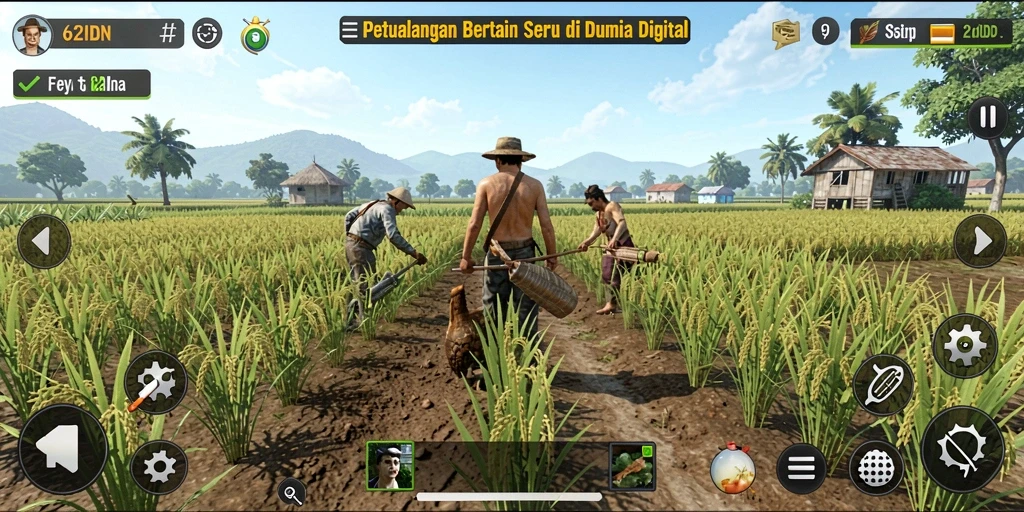 Screenshot gameplay 62IDN menampilkan ladang yang subur dan aktivitas bertani.
