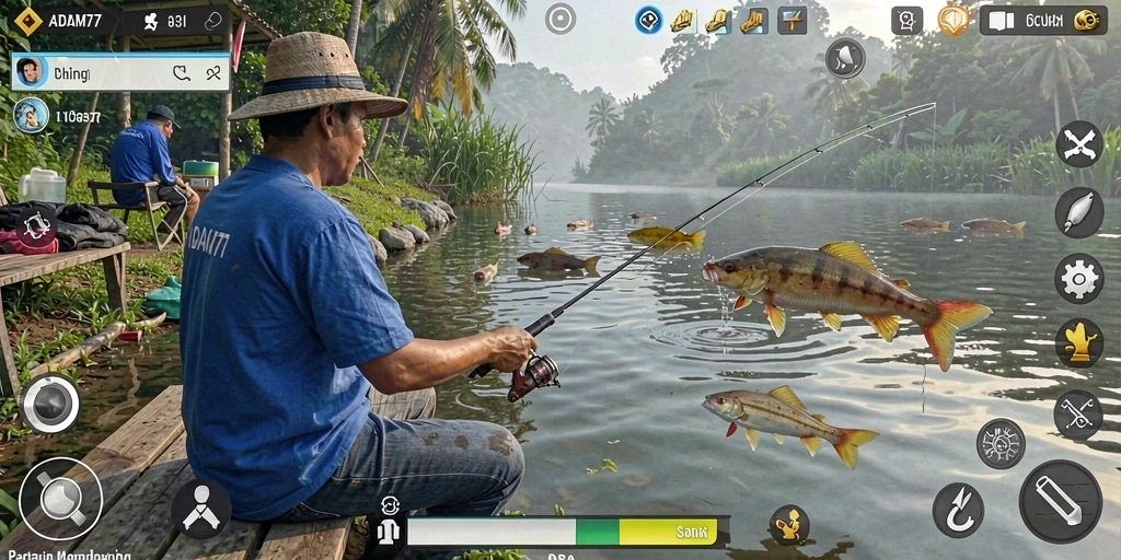 Tampilan gameplay ADAM77 yang menampilkan keseruan memancing ikan.