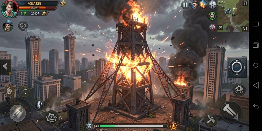Tampilan gameplay ASIA128 dengan menara strategis melawan musuh.