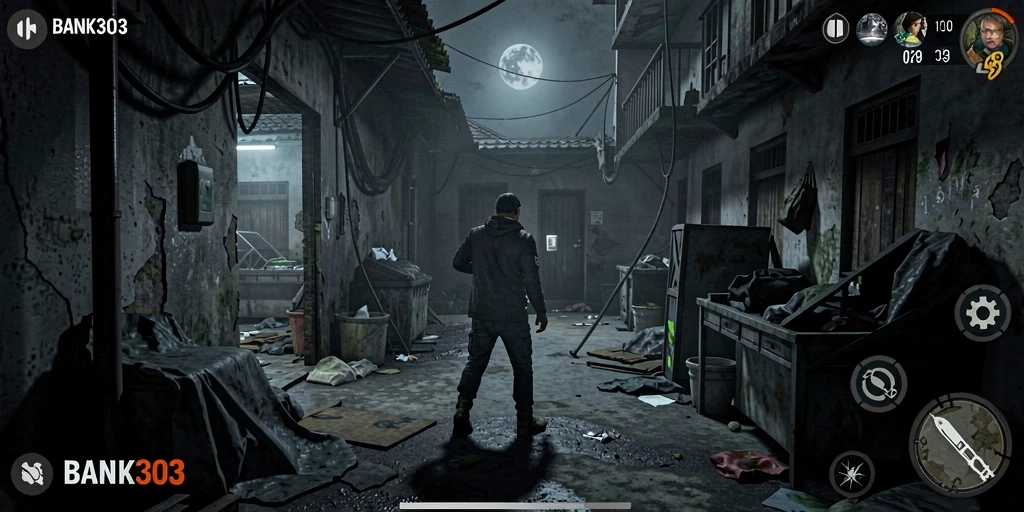 Screenshot gameplay BANK303 yang menampilkan suasana menyeramkan dan misterius.