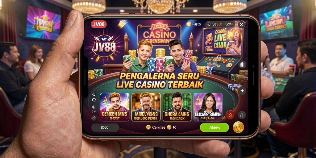 Screenshot JV88 menampilkan dealer langsung dan suasana kasino yang mendebarkan.