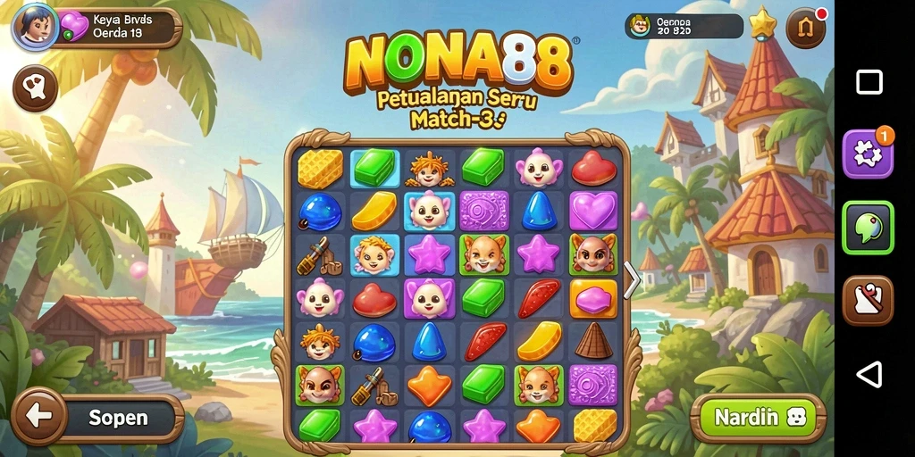 Screenshot NONA88 menampilkan gameplay seru memasangkan item dalam Match-3.