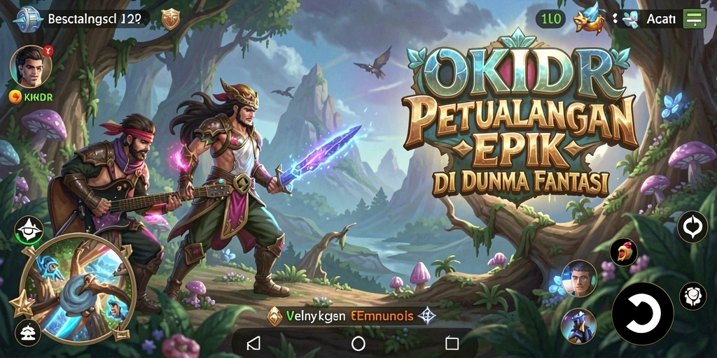Screenshot utama OKIDR menampilkan karakter sedang bertarung melawan monster epik.