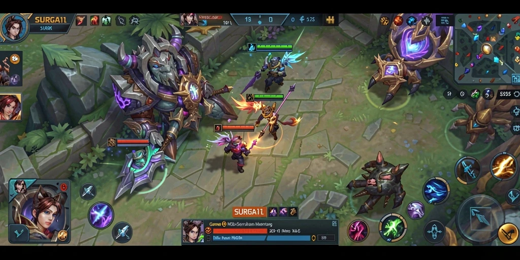 Screenshot SURGA11 menampilkan aksi seru dalam pertandingan MOBA.