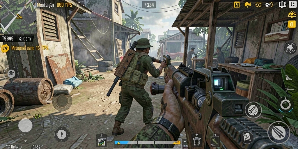 Screenshot T9999 menampilkan aksi tembak-menembak yang seru dan mendebarkan.