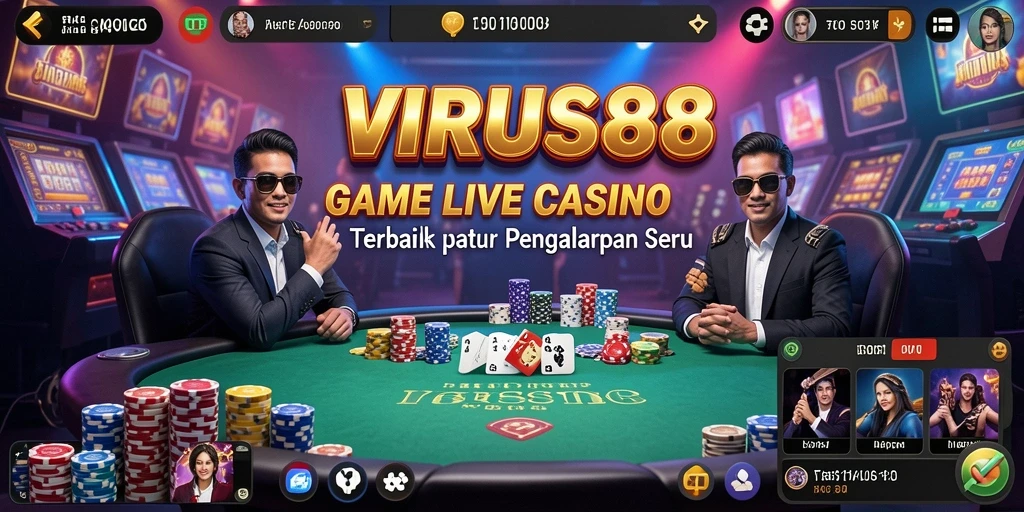 Screenshot gameplay VIRUS88 menampilkan dealer profesional dan suasana kasino yang mendalam.