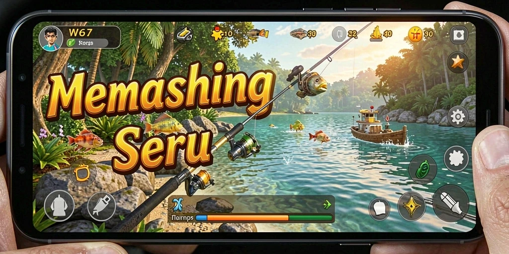 Screenshot gameplay W67 yang menampilkan petualangan memancing yang menakjubkan.