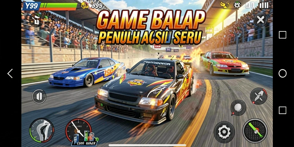 Gameplay Y89 menampilkan mobil balap mendebarkan di lintasan yang menarik.